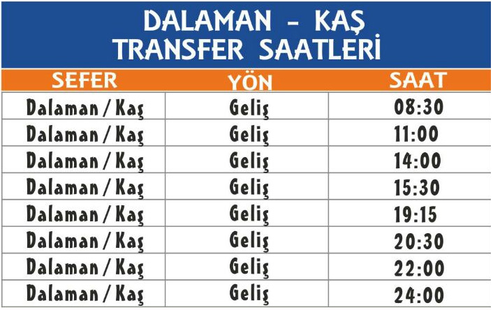 Dalaman Havalimanı Kaş Kalkan Shuttle Transfer Tarifesi