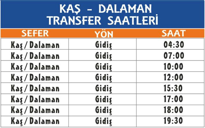 Kaş Kalkan Dalaman Havalimanı Shuttle Transfer Tarifesi